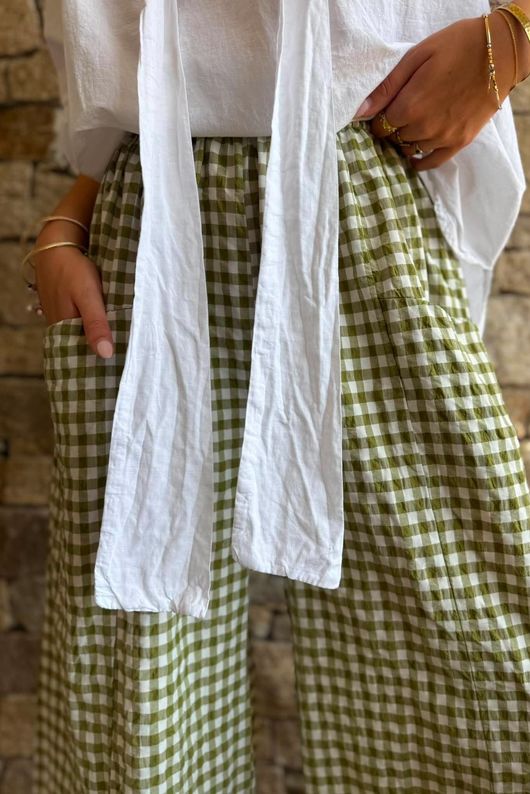Nonni Gingham Relaxed Barrel Pant Olive
